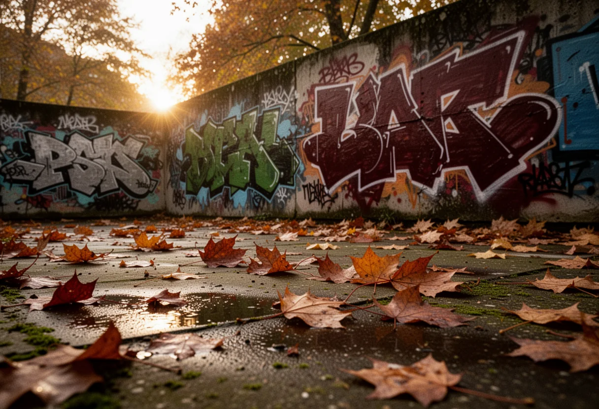 Legal graffiti wall at golden hour with autumn leaves on wet concrete (AI illustration)