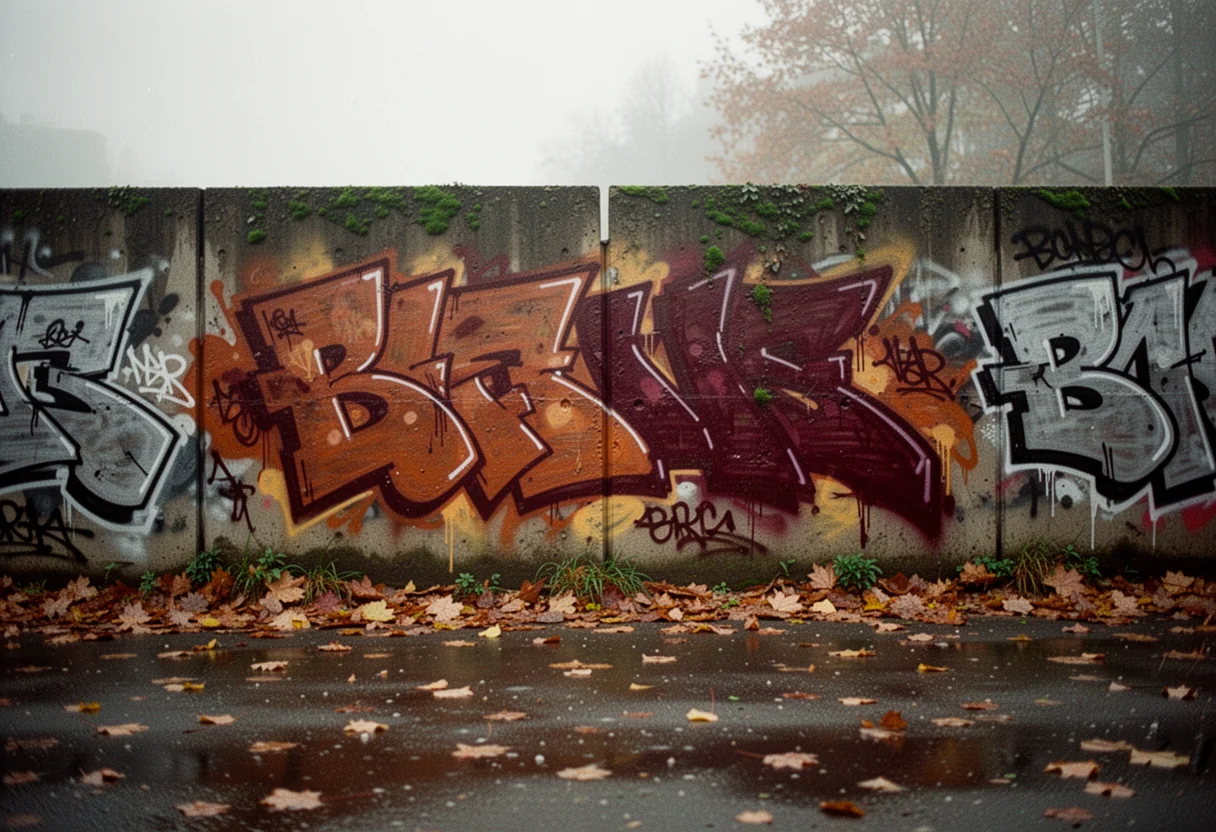 The same graffiti wall on a foggy grey morning, colours muted, moss along the top