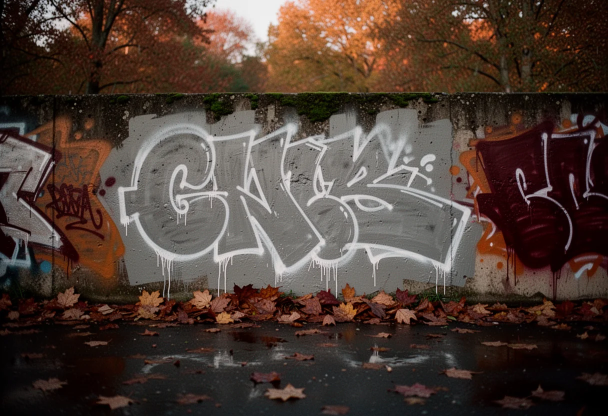 A buffed grey section of the wall with a white outline sketch of a new graffiti piece, autumn leaves piled below