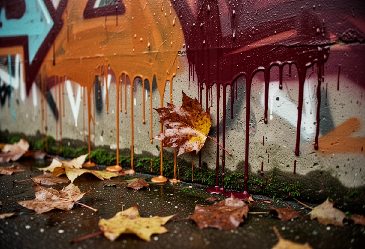 Close-up of orange and burgundy paint drips on a concrete wall with a wet maple leaf stuck between them