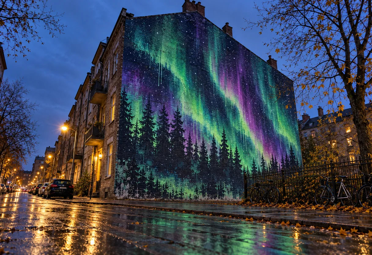 Aurora borealis mural covering the gable of a brick apartment building at dusk, green and violet light reflected on a wet street
