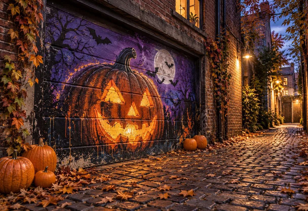 Garage door in a cobbled autumn alley painted with a glowing jack-o-lantern, real pumpkins and leaves in front