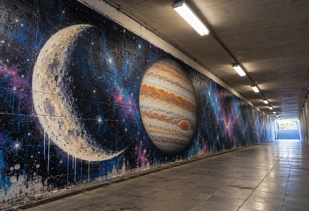 Long underpass with a mural of a crescent Moon and the striped planet Jupiter on a starry indigo wall