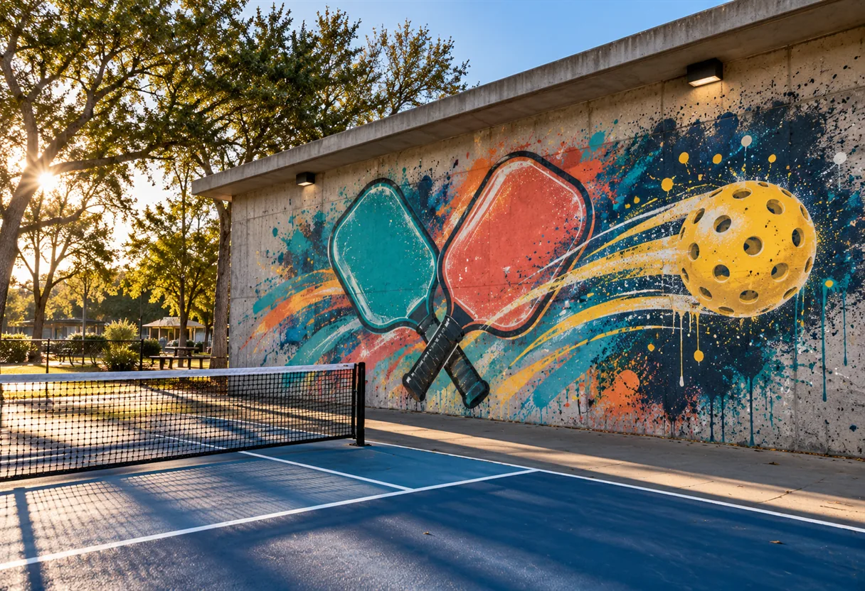 Park pavilion wall next to a pickleball court painted with crossed teal and coral paddles and a yellow perforated ball