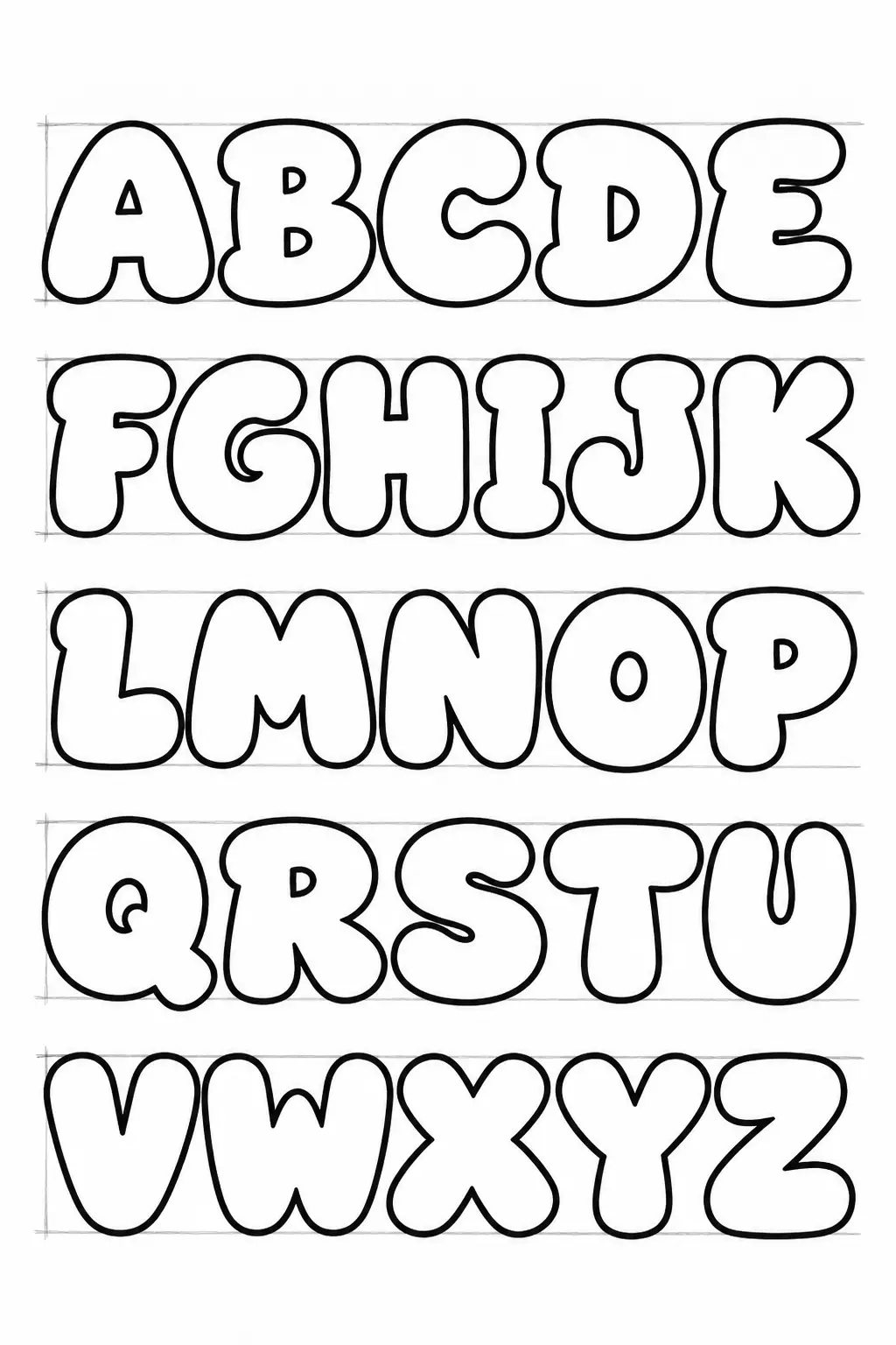 A practice sheet with the alphabet A to Z as bubble letters in black outline, same height and stroke width, open counters