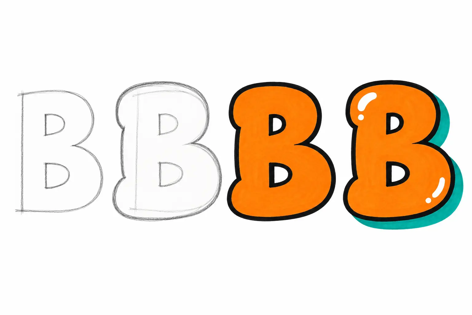 The letter B drawn four times: pencil sketch, rounded bubble outline, orange fill with a black outline, and the finished letter with a teal shadow and highlights