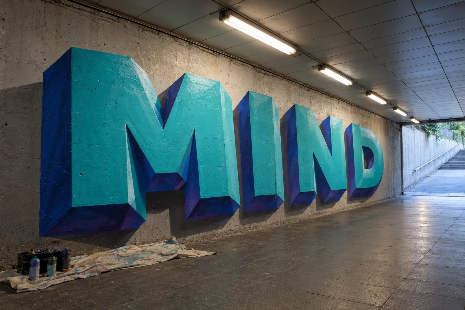 The word MIND painted as teal letters with blue and violet shaded sides on an underpass wall under fluorescent lights, a crate of cans on a drop cloth