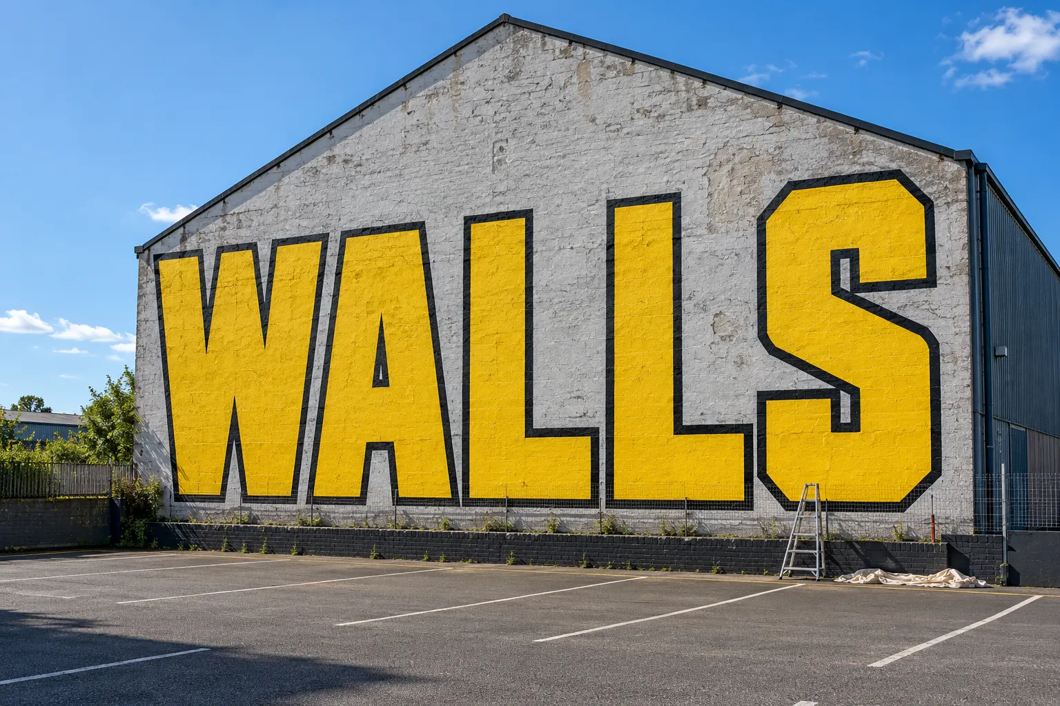 The word WALLS in huge yellow square block letters with a black outline on the gable of a warehouse above an empty car park, a ladder at the foot of the wall