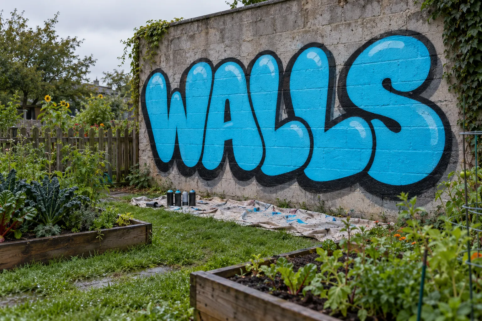 The word WALLS in blue bubble letters with a black outline and a dark drop shadow on a community garden wall, cans on a drop cloth on wet grass