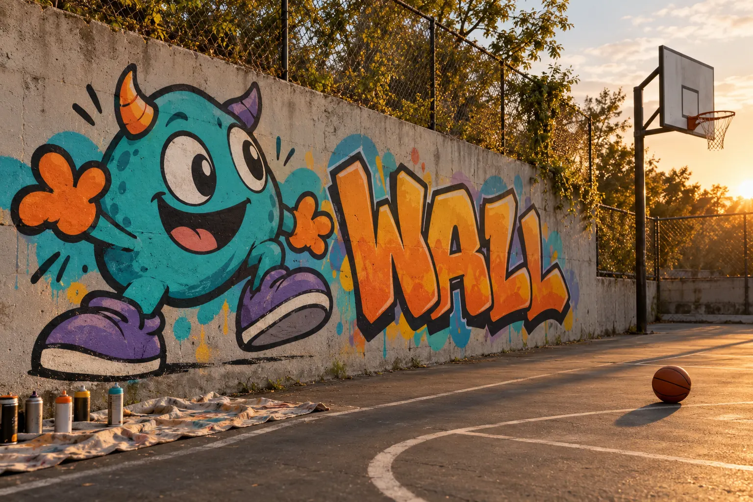 A turquoise cartoon creature with horns and purple shoes next to the word WALL in orange outlined letters on a wall beside a basketball court at golden hour