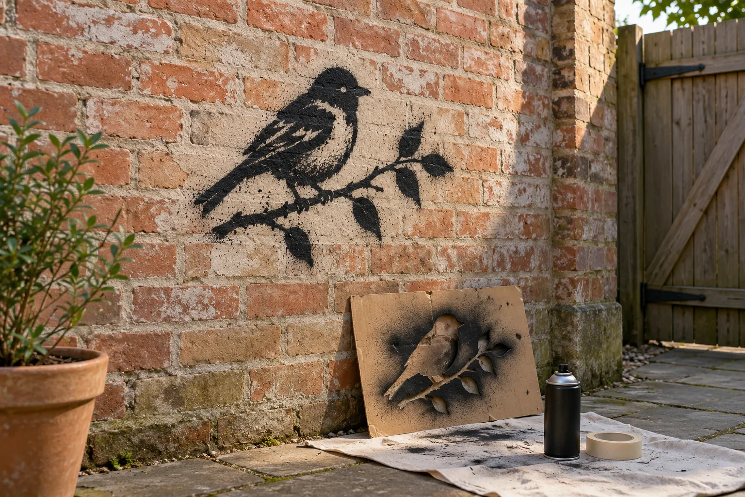 A black stencil of a bird on a twig sprayed on a red brick courtyard wall, the cut card stencil leaning below it next to a can and masking tape
