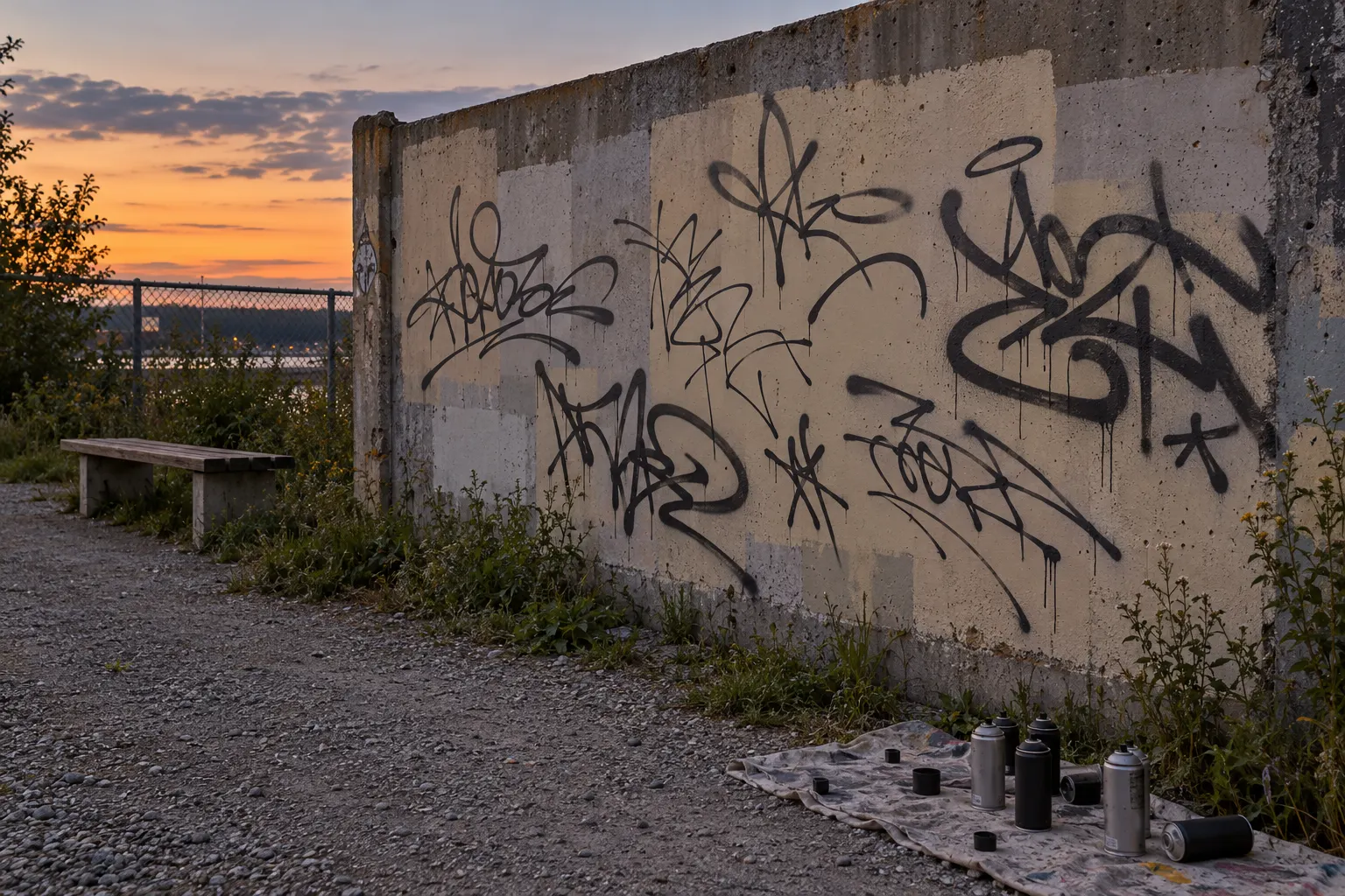 Several black spray and marker signatures in different hands on a concrete practice wall with buffed rectangles, cans on a drop cloth at dusk