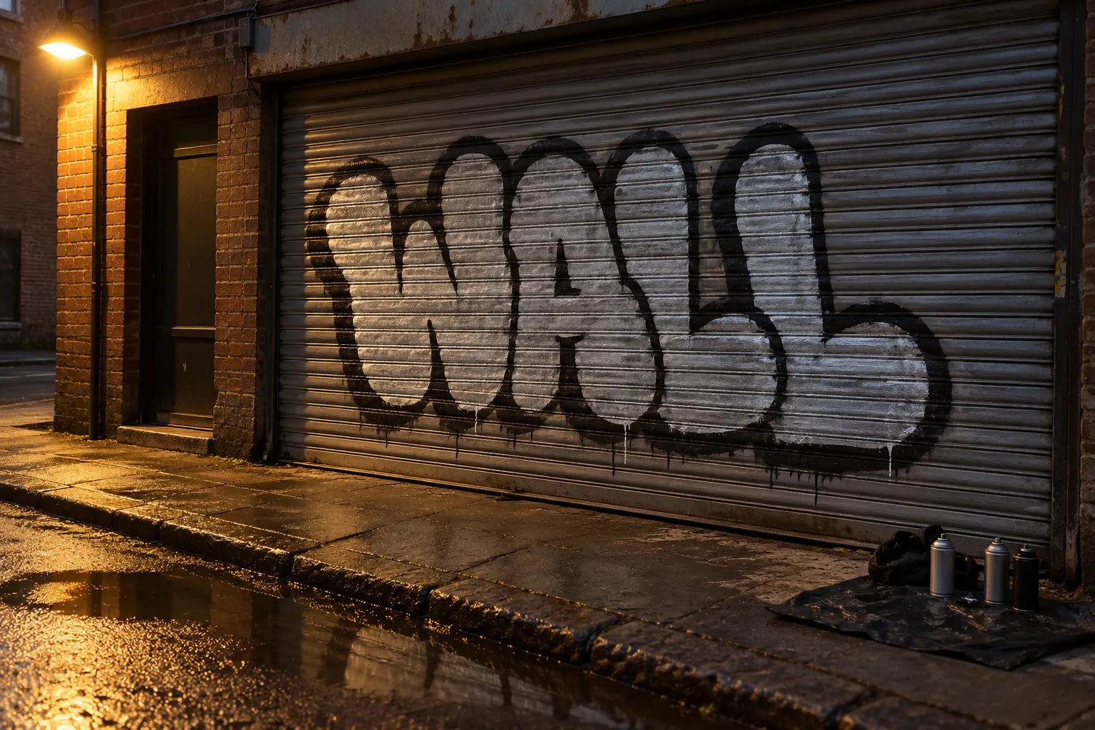A silver and black throw-up with rounded, compressed letters and drips on a roll-down workshop shutter, lit by a street lamp in the evening