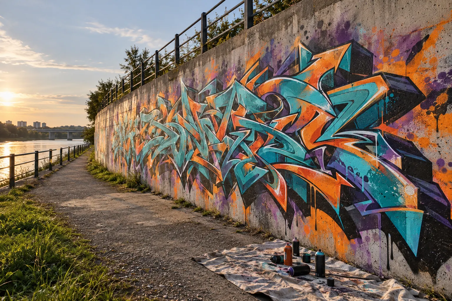 Interlocking turquoise, orange and purple wildstyle letters with arrows, fades, a thick dark outline and a 3D block shadow on a long riverside wall in late afternoon sun