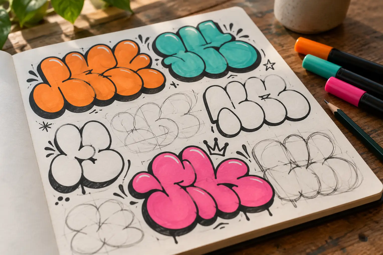 An open sketchbook with colourful graffiti bubble letters and pencil construction lines, markers beside it (AI illustration)