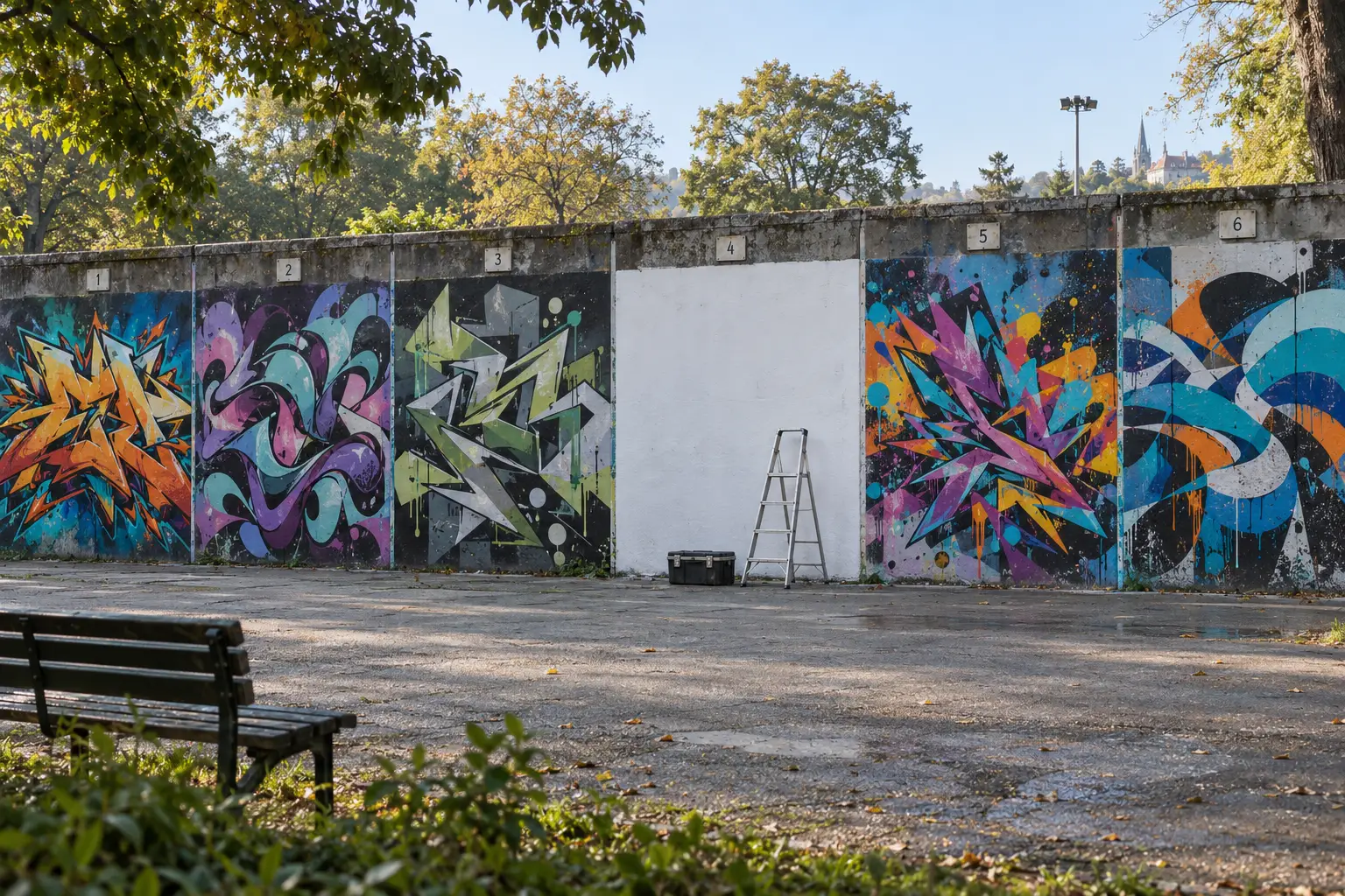 A park practice wall divided into numbered painting panels, one panel primed white and waiting, with a ladder and a paint box in front
