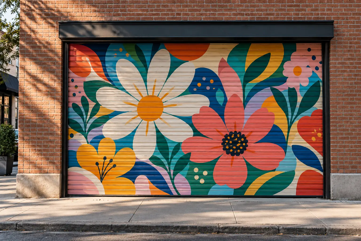 A shop shutter painted with a bright flower mural while the brick wall around it stays clean
