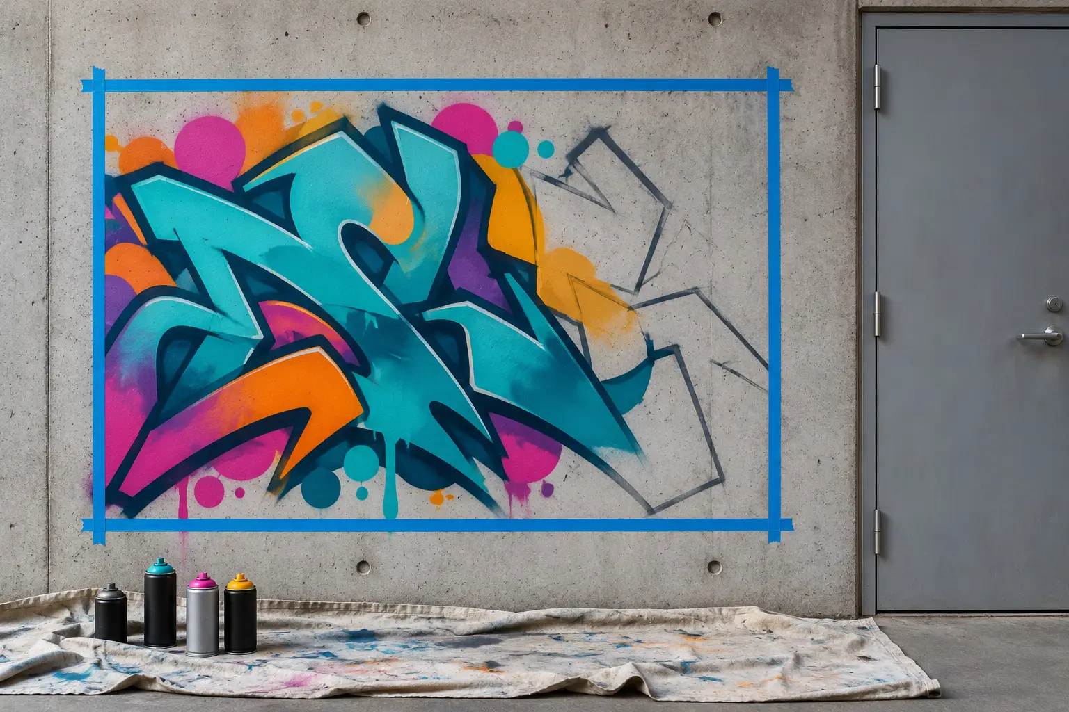 A graffiti piece painted inside a blue masking-tape rectangle on a concrete wall, the wall and door outside the tape left clean