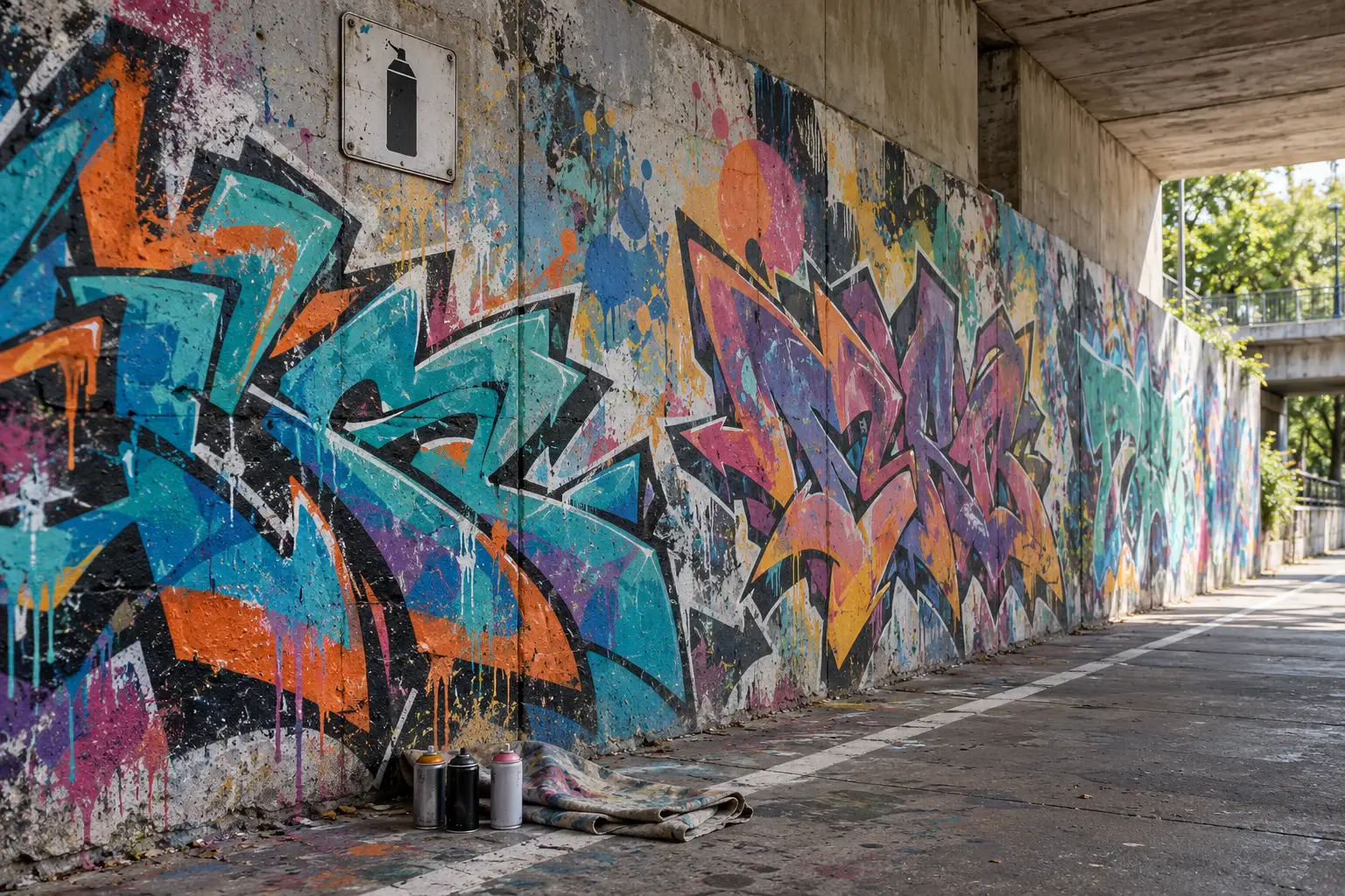 A designated legal graffiti wall in an underpass with a spray-can sign, a painted boundary line and closed spray cans on a drop cloth (AI illustration)
